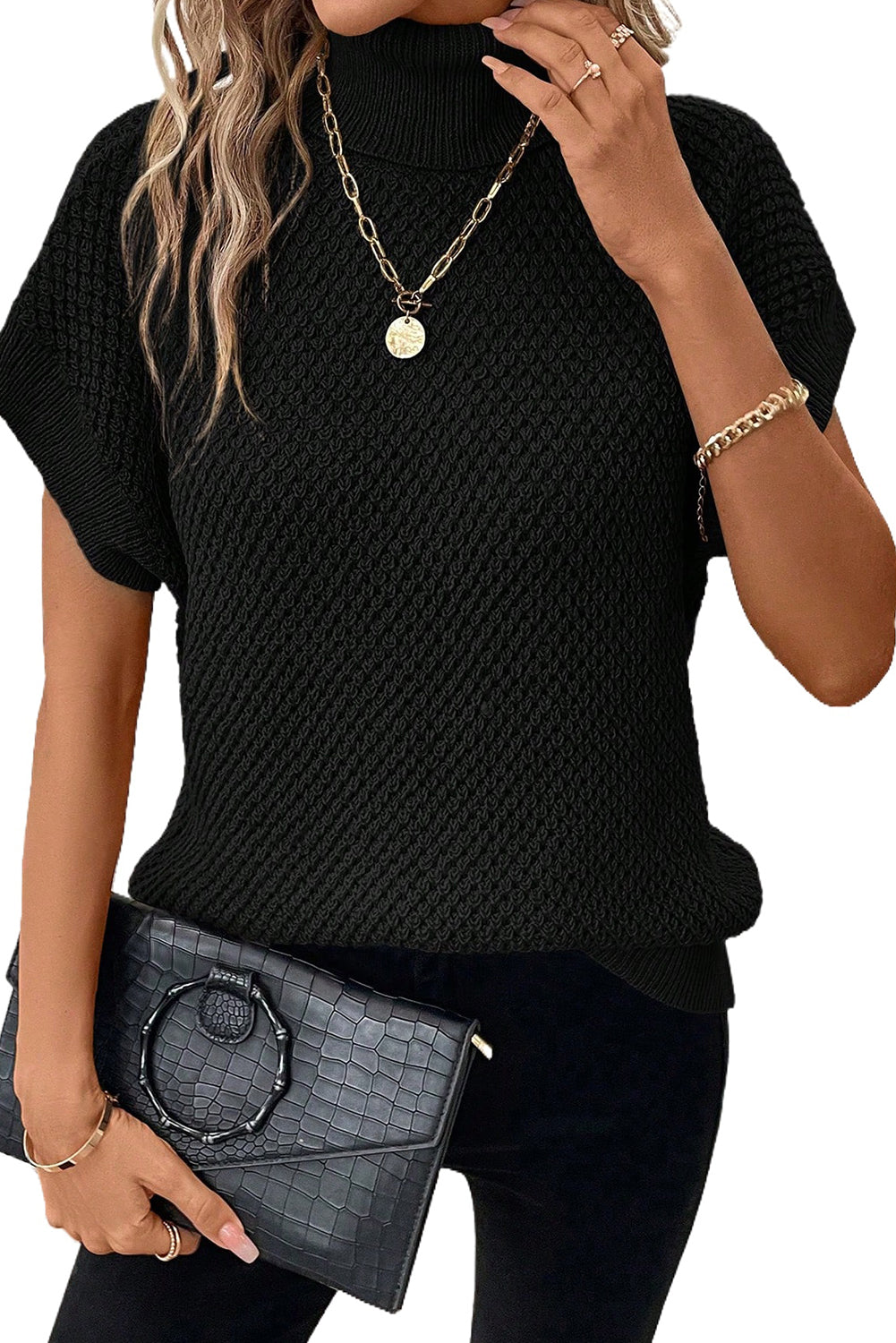 Chic High-Neck Short Sleeve Sweater