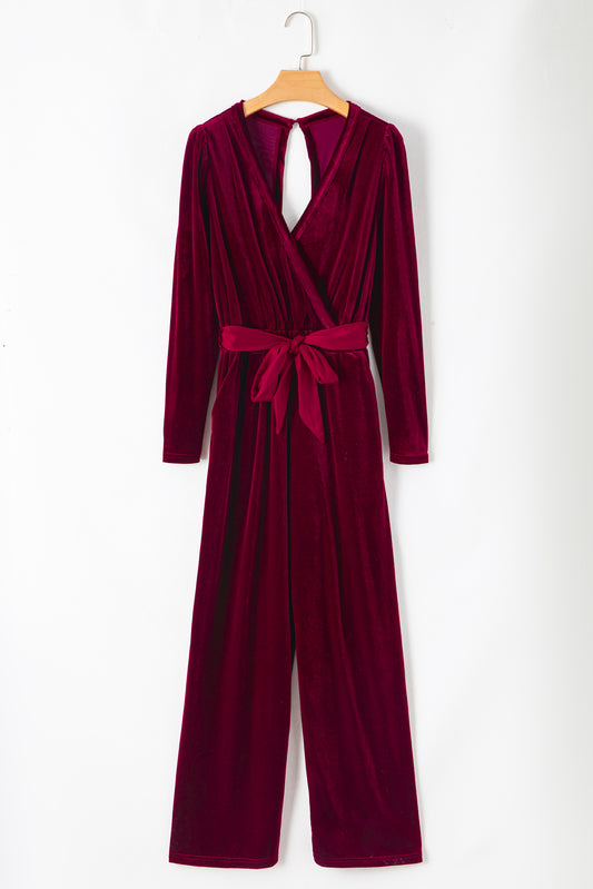 Fiery Red Velvet Wrap Jumpsuit