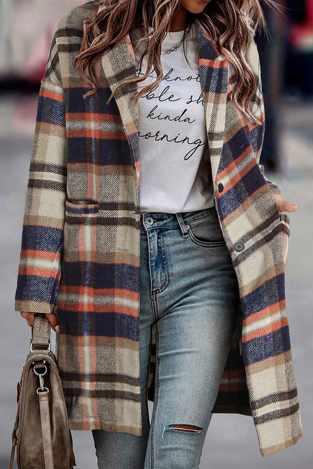 Elegant Khaki Plaid Shacket Coat