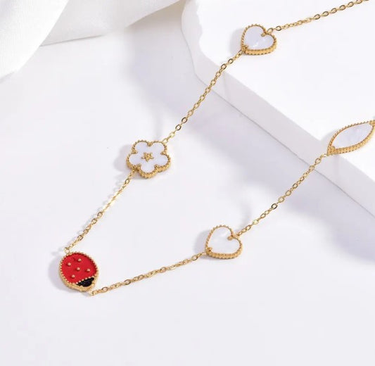 Charming Ladybug & Clover Leaf 18K Gold Plated Necklace & Bracelet Set